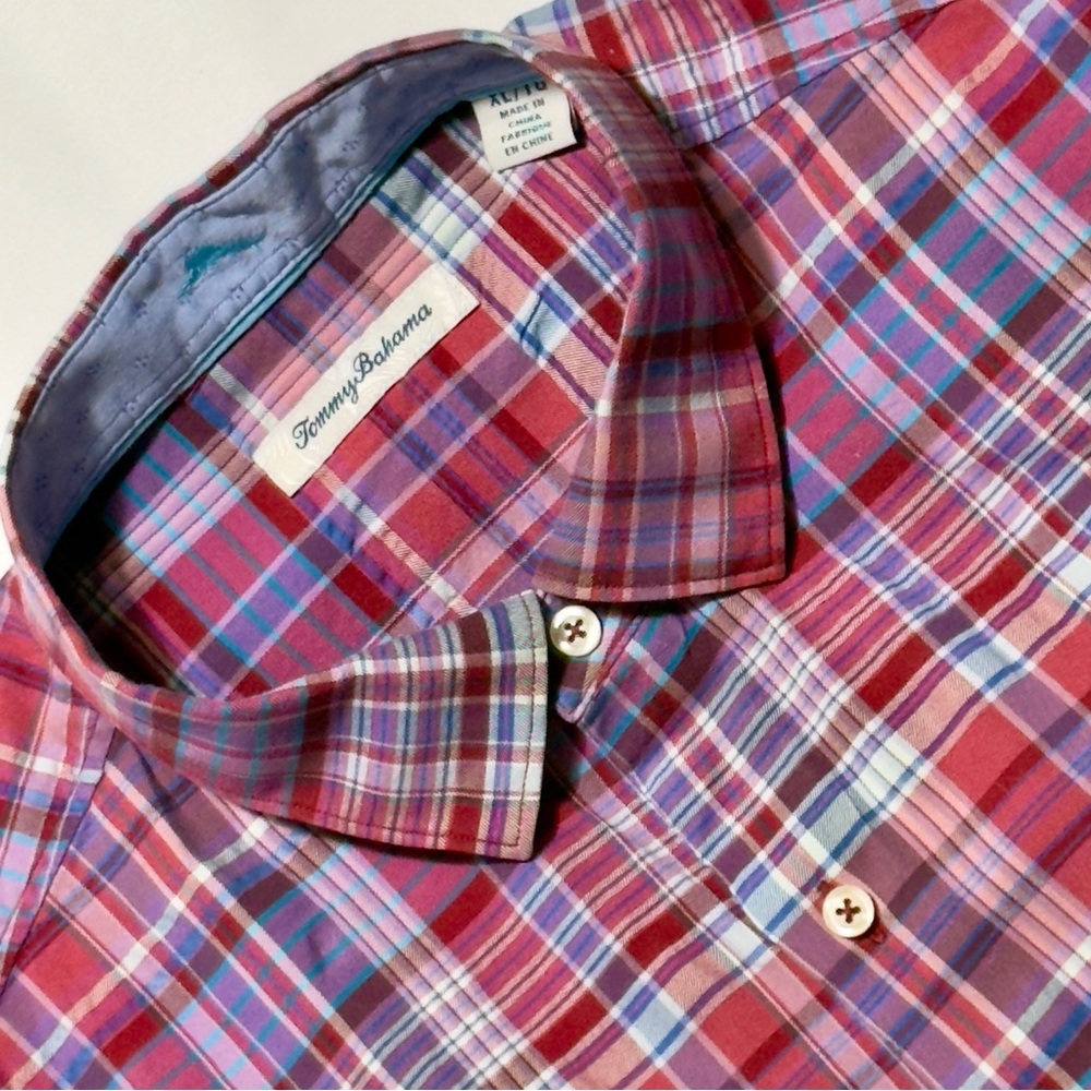 Tommy Bahama Shirt Lazlo Plaid‎ Silk Blend Red Blue Size XL Long Sleeve
